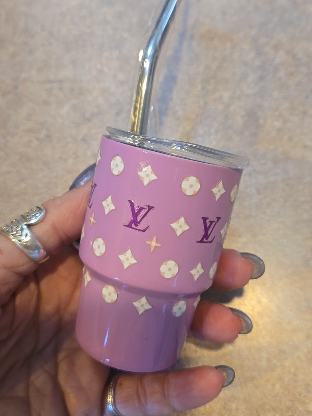 Mini Designer Inspired Purple Tumbler with Straw